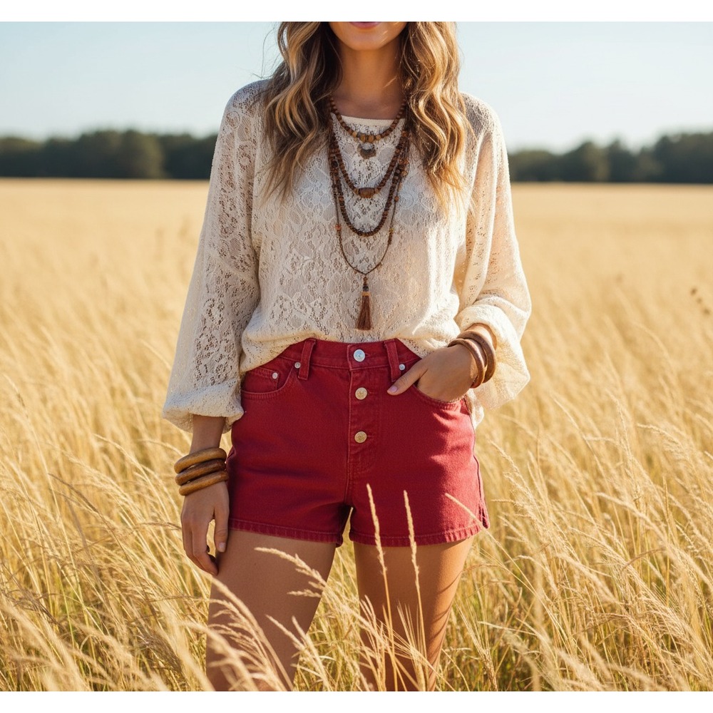 Vintage 90s Jordache Jean Shorts 9 10 Red Button Fly Festival Y2K Grunge Boho‎